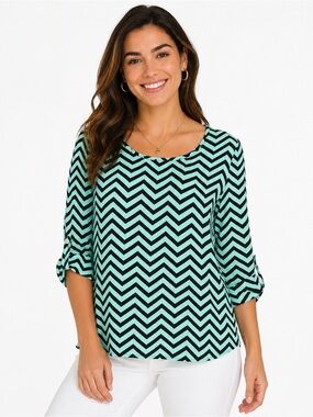 Mint Chevron Chiffon Blouse 3/4 Roll Tab Sleeve Top Size Medium